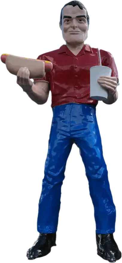 A picture of Gus's giant. A 30 foot tall 'Muffler Man' holding a hot dog and soda. The 'Muffler Man' has on blue jeans and a red shirt.